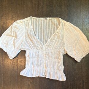 Steve Madden White Puff Sleeve Smocked Button Blouse